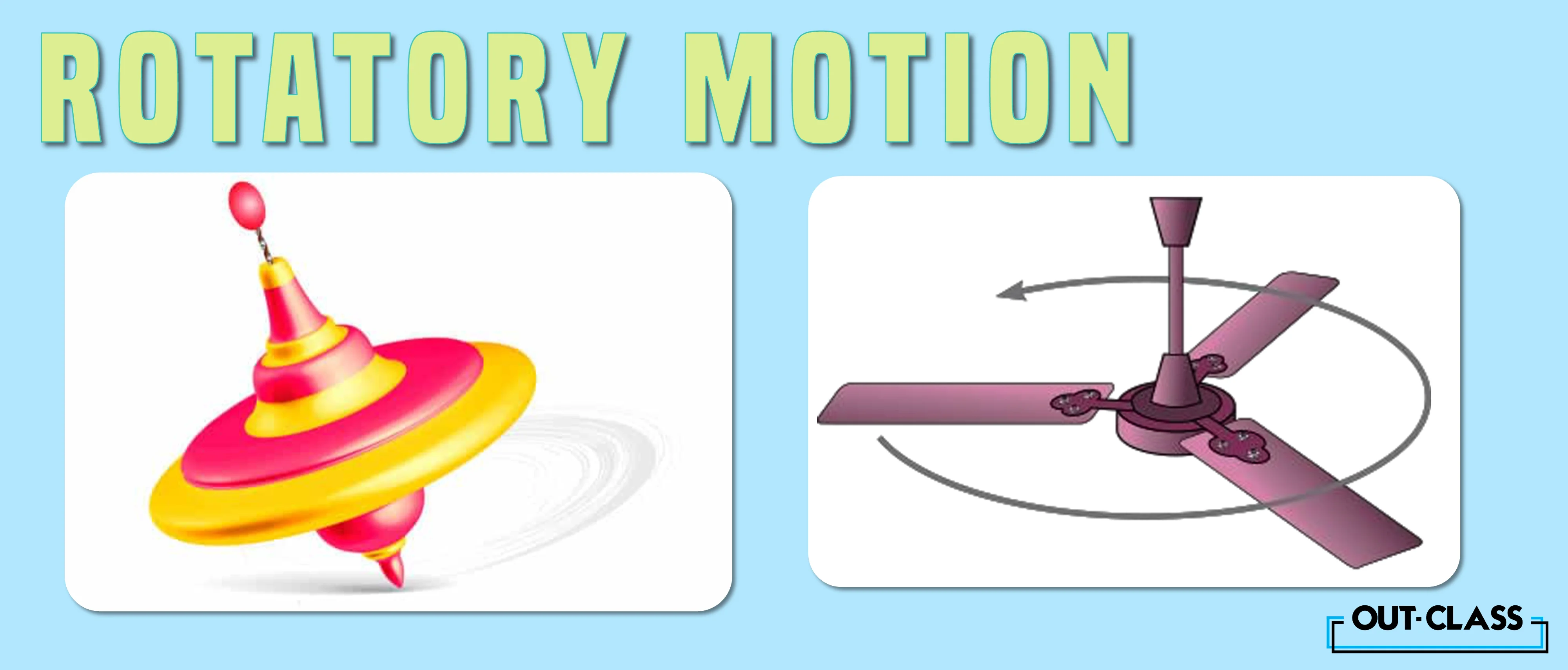 What is Rotatory Motion?  Simply put, rotatory motion is the motion of a body that spins or rotates about an axis. The axis of rotation can be inside or outside the body, and this axis can be fixed or constantly changing. For example, a spinning top has a rotatory motion about an axis which passes through its centre and remains fixed. However, a helicopter has a rotatory motion about an axis that passes through its rotor blades and is changing. It shows the 5 examples of rotatory motion.